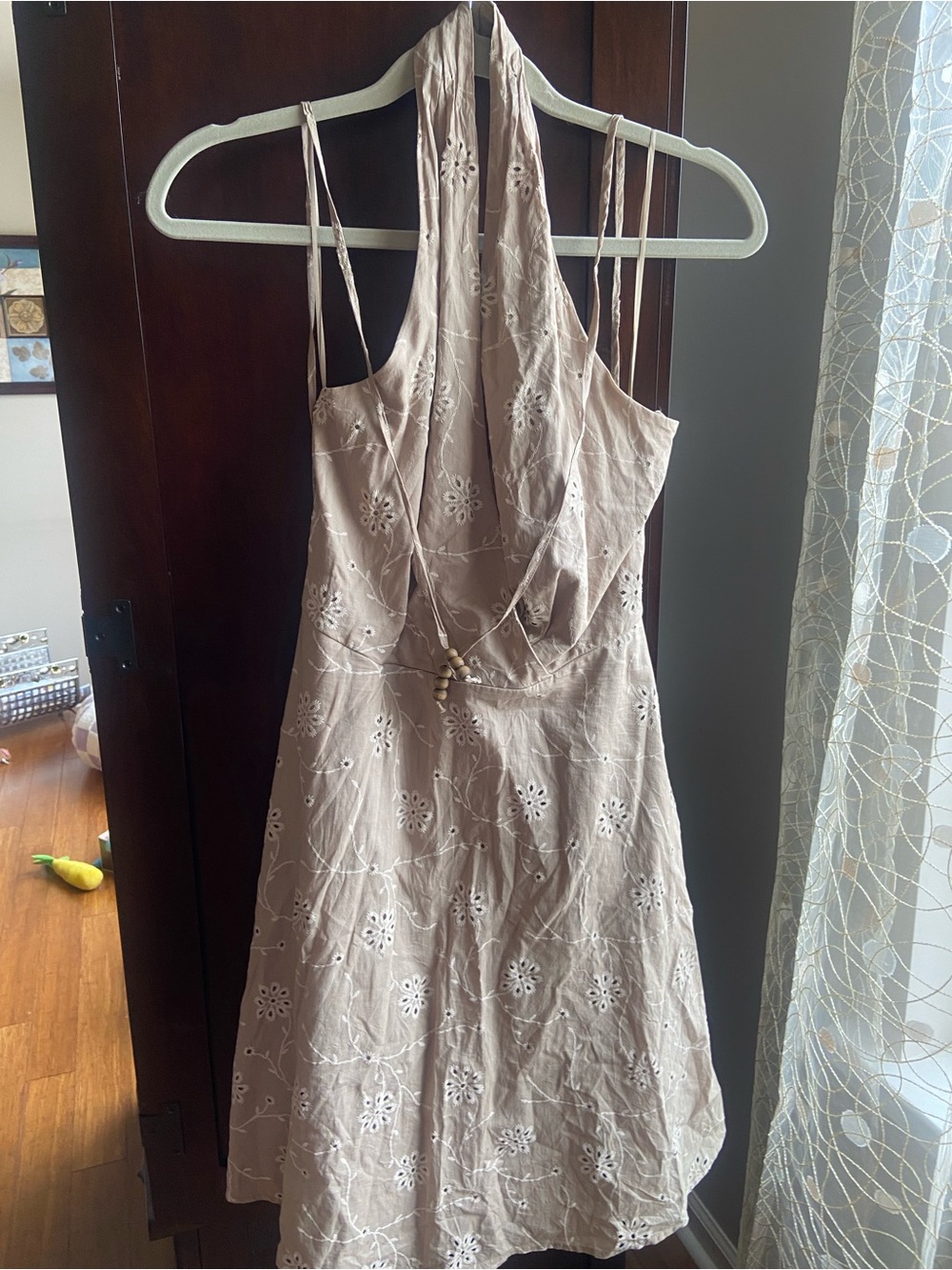 Sleeveless Beige Embroidered Halter Dress